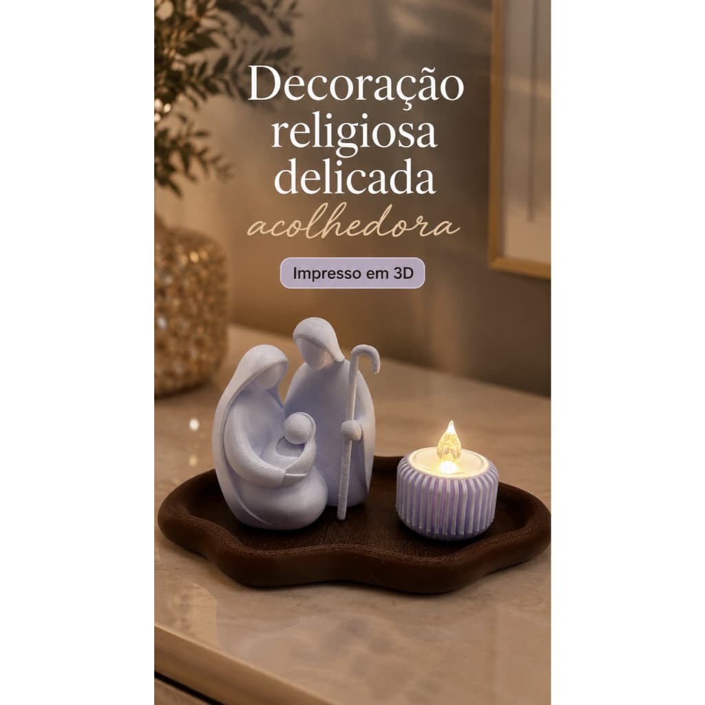 Kit Sagrada Família Decorativa com Bandeja e Vela de Bateria | Decoração Religiosa em 3D