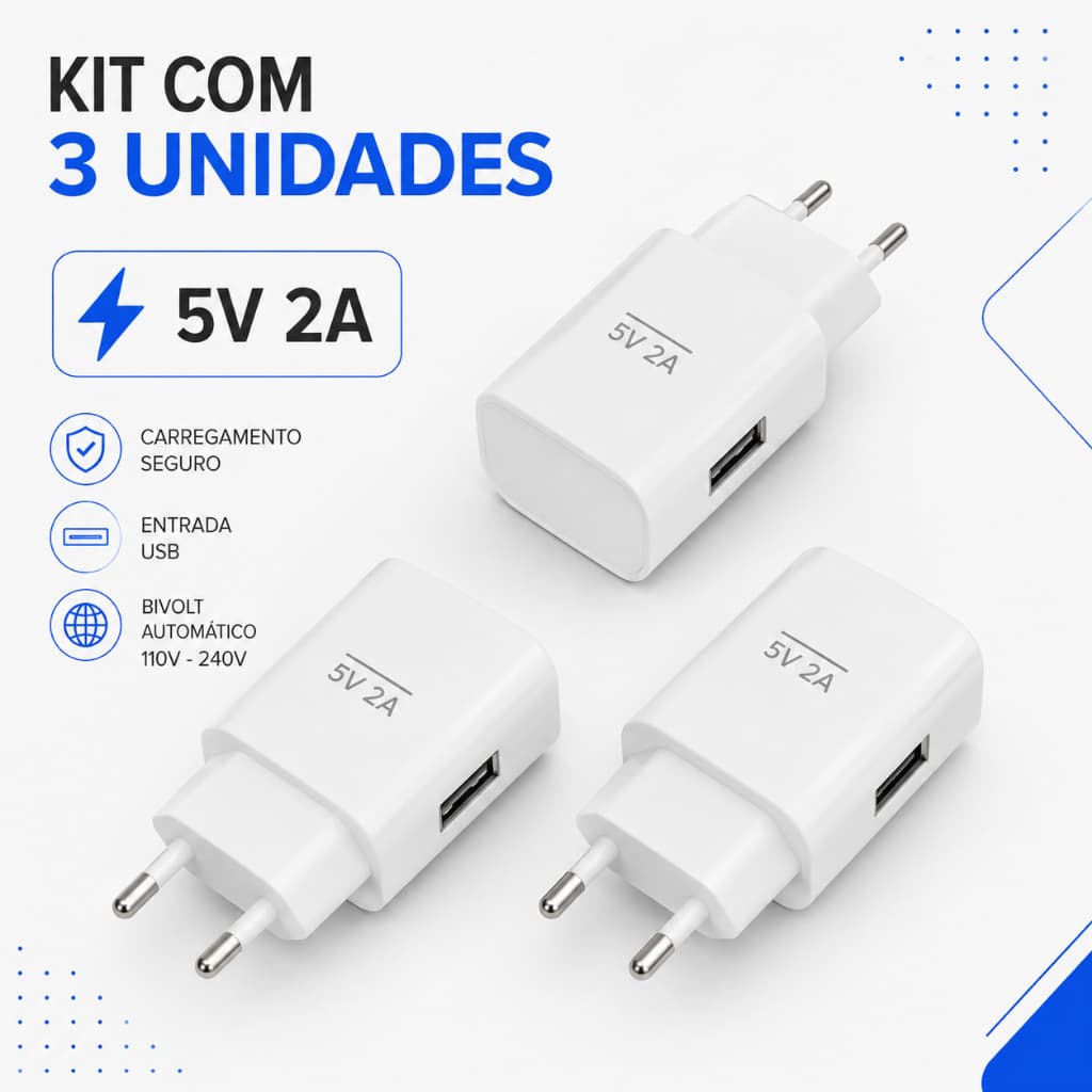 Kit 3 Fonte USB 5V 2A Alta Velocidade Universal