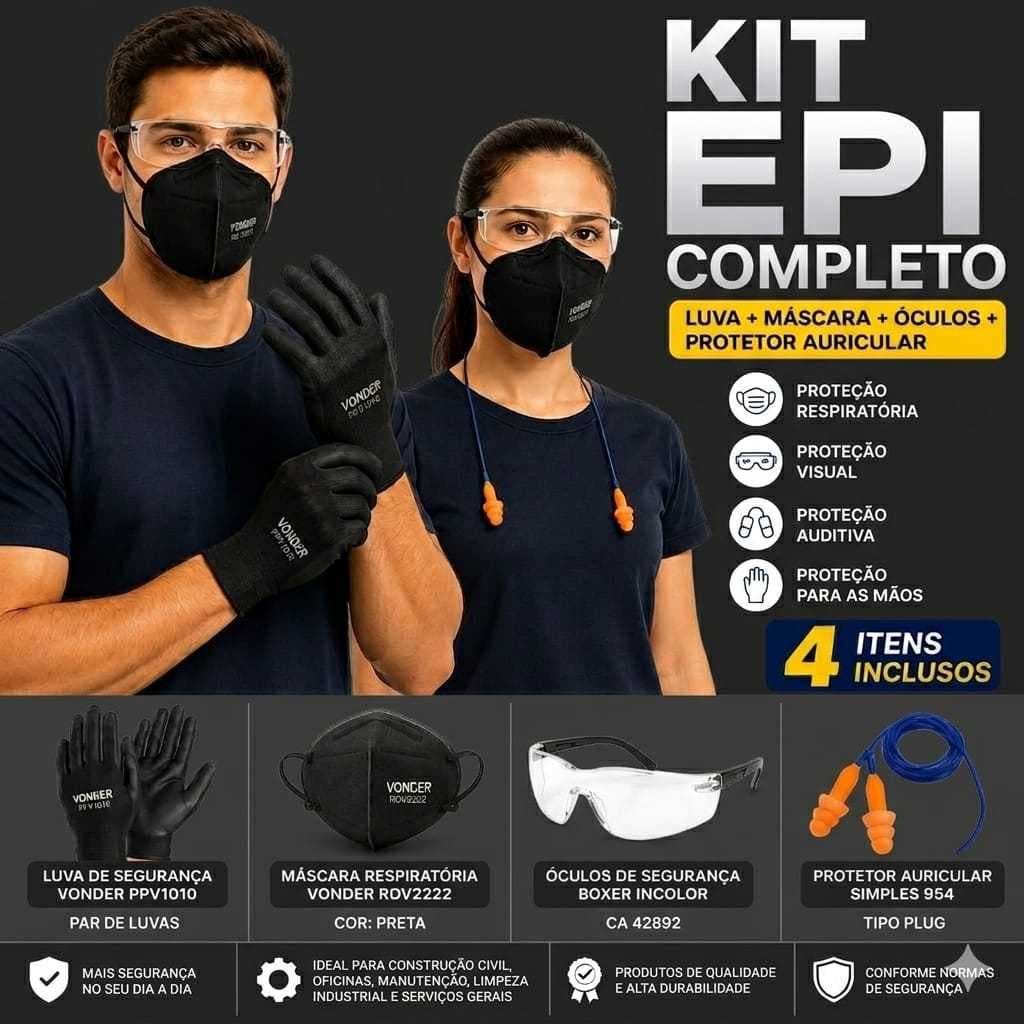 Kit Completo EPI Vonder 4Pçs Óculos Luvas Respirador Protetor Auditivo Segurança Total BR!