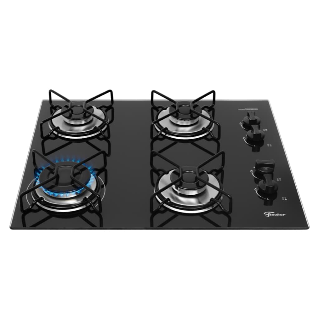 Cooktop a Gás Fischer 4 Bocas Fit Line Trempe Aramado Esmaltado Vidro Preto Bivolt
