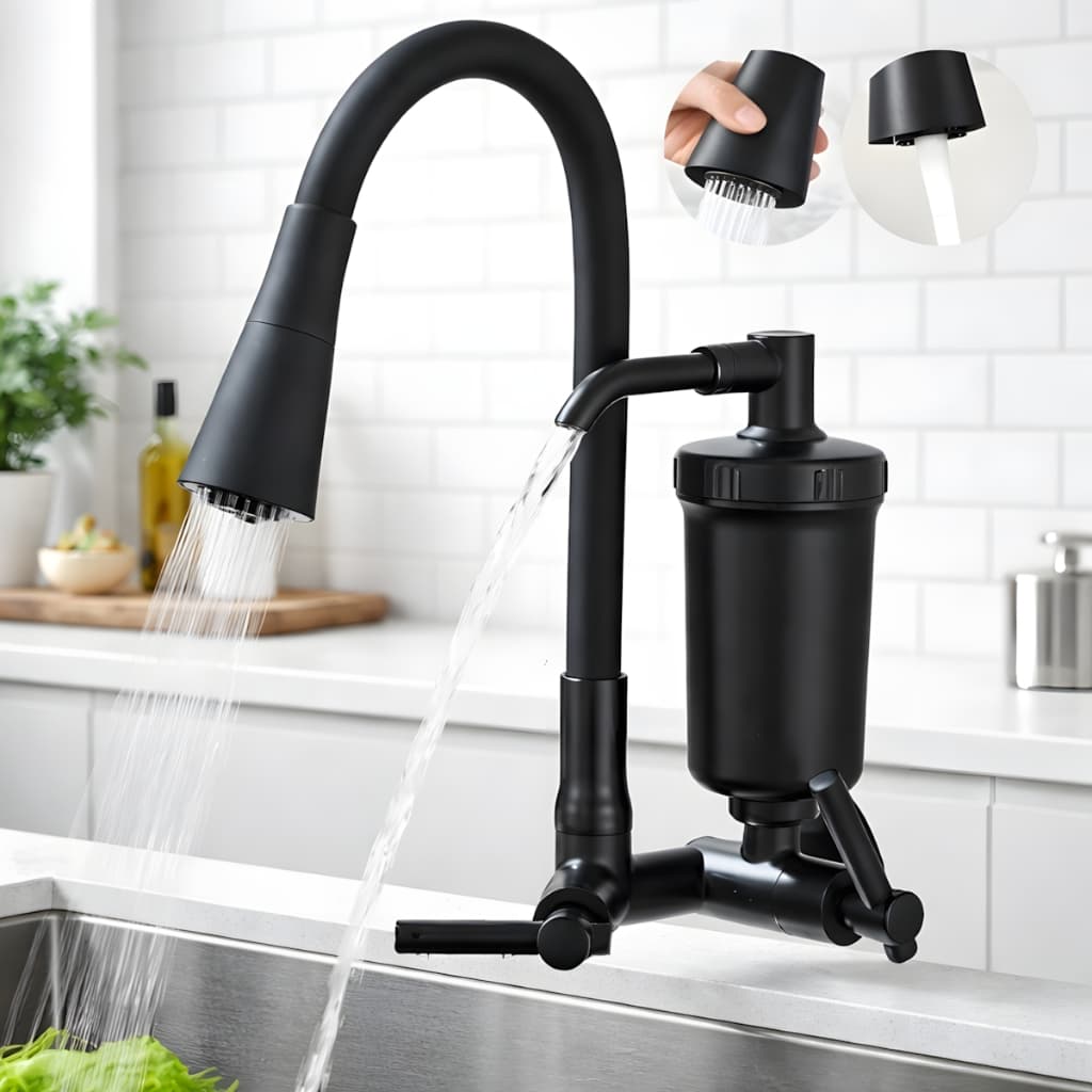 Torneira com Filtro Gourmet Flexível Cozinha Parede c/ Ducha 2 Jatos 1/4 de Volta + Refil