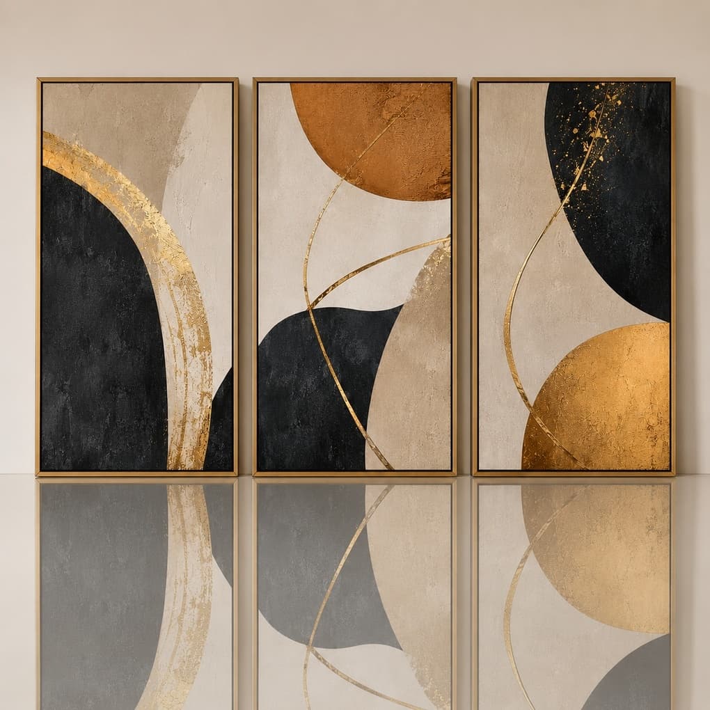 Quadro Decorativo 3 Peças Abstrato Moderno Luxo Preto Bege Dourado Sala Quarto Escritório