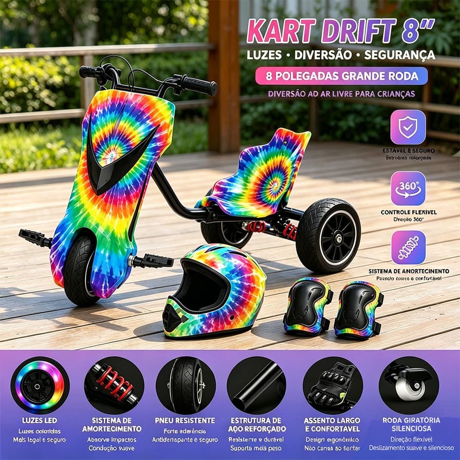 Triciclo drift elétrico infantil e adulto de 300 watts, 8 polegadas, com luzes LED e função Bluetooth MP3