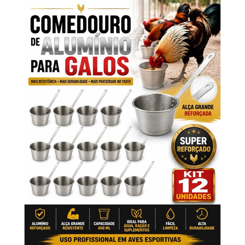 Kit 12 Copos Alumínio Com Alça + Comedouro | Aves e Galos.