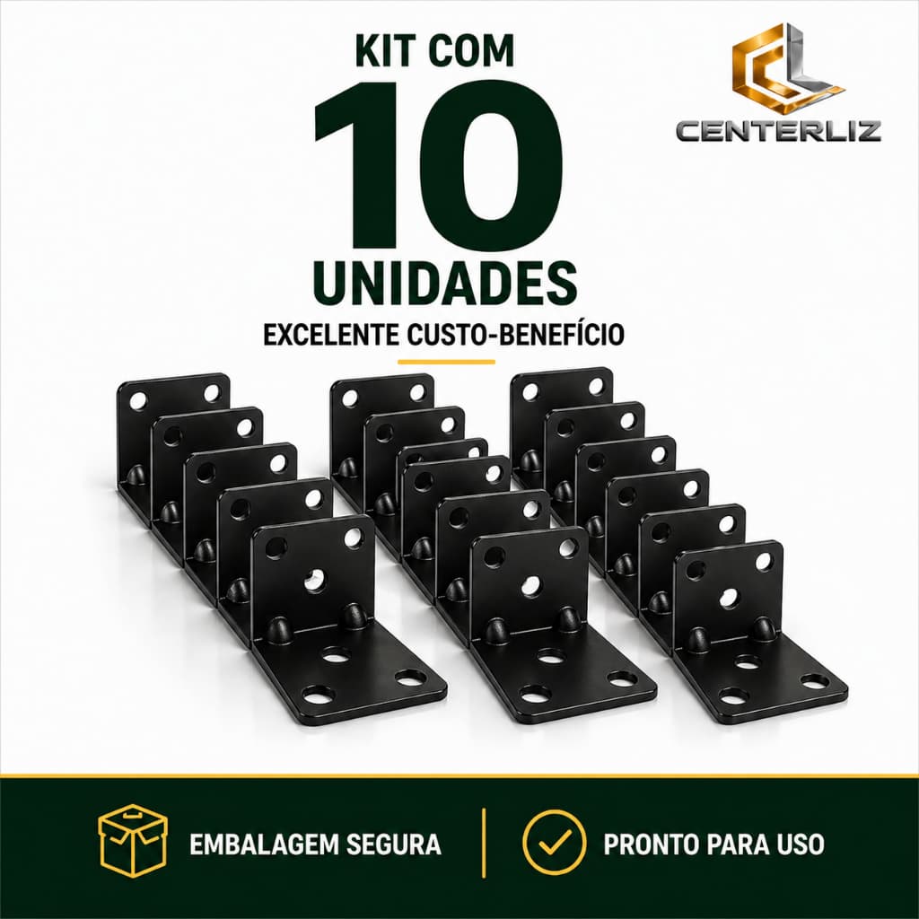 Kit 10 Cantoneiras Pretas Reforçadas 6 Furos 2" para Móveis e Prateleiras