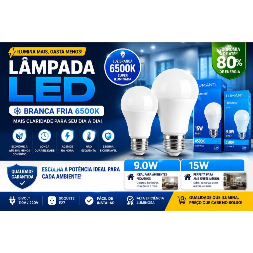 Lâmpada LED Branca Fria 6500K – 9W e 15W | Econômica e Super Iluminada