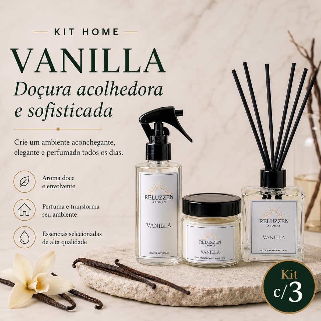Kit Aromatizador Vanilla Difusor de Ambiente com Varetas Home Spray Vela Aromática Perfume para Casa