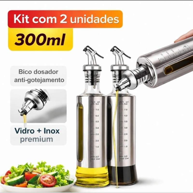 Galheteiros Porta Azeite Vidro e Aço Inox Tampa Dosador Anti Vazamento 300ml