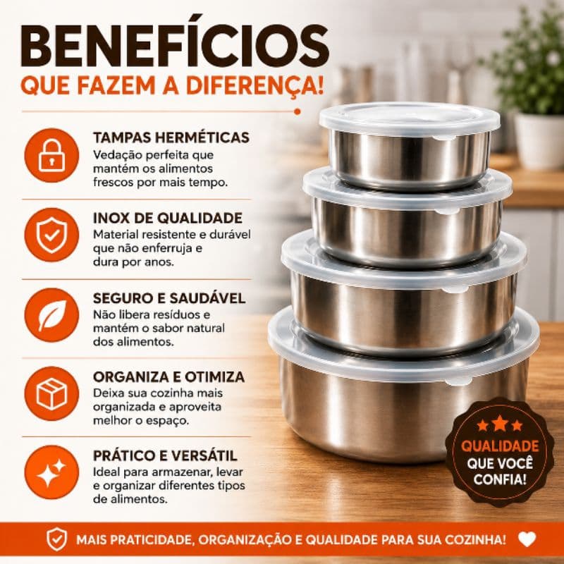 Kit 5 Potes Hermeticos Com Tampa Redonda Inox Organizador Cozinha Armazenamento