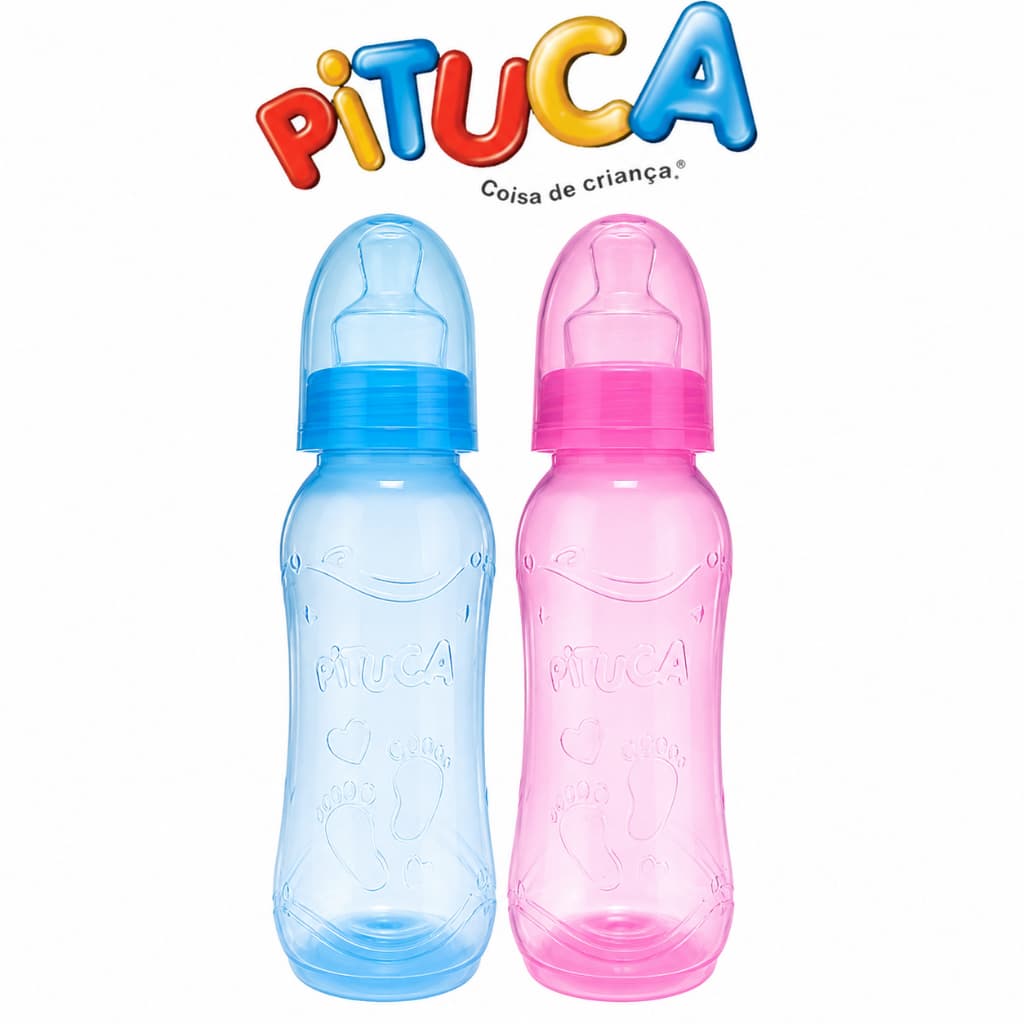 Mamadeira Pituca 240ml Acinturada Bico Ortodôntico 100% Silicone Macio Rosa e Azul Menino e Menina