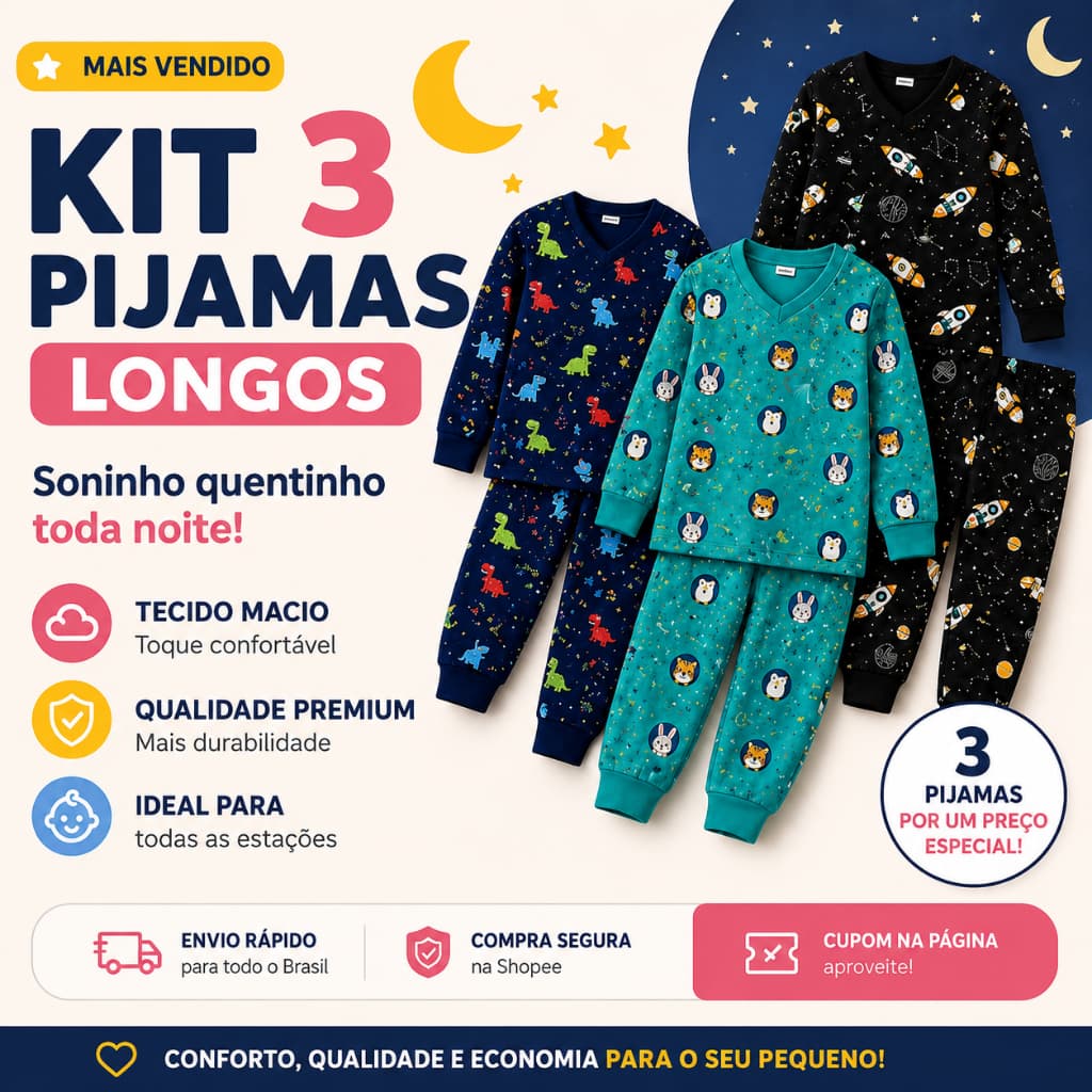 Pijama Infantil Menino Kit 3 Conjuntos Inverno Soft Suede Manga Longa Macio 1 a 12 Anos
