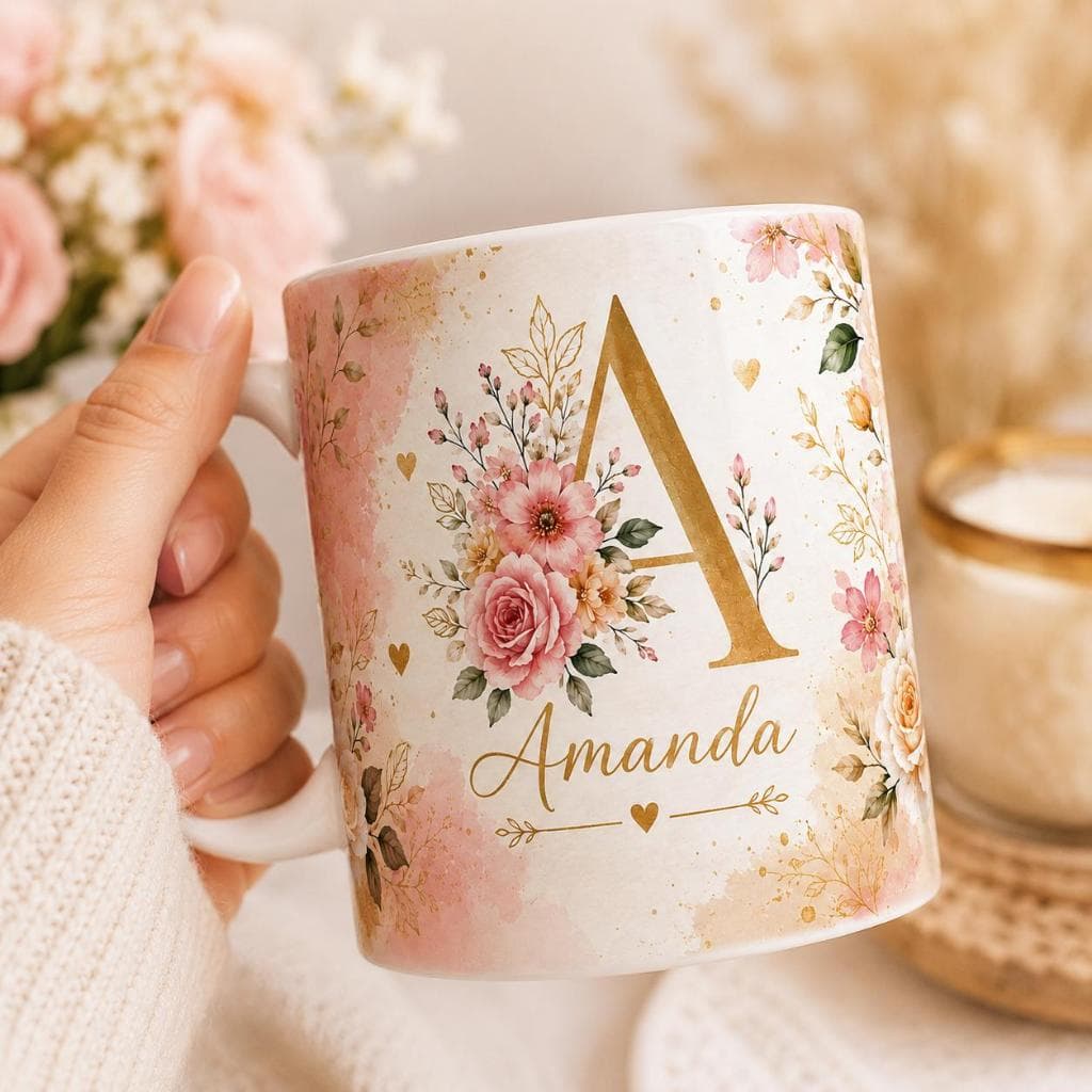 Caneca Floral Personalizada Com Nome E Inicial 325ml Presente Feminino