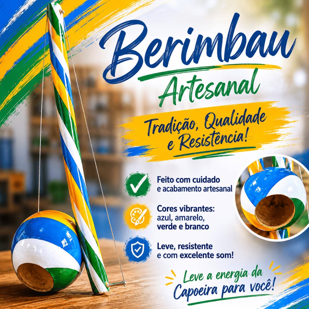 Berimbau Infantil nas Cores do Brasil - Rumo ao HEXA - Capoeira  Artesanato instrumento de madeira - 60cm, 80cm e 1metro