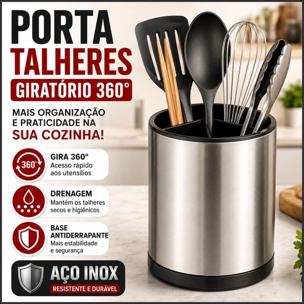 Porta Talheres Inox Giratório Escorredor Cozinha Organizador Bancada 360°