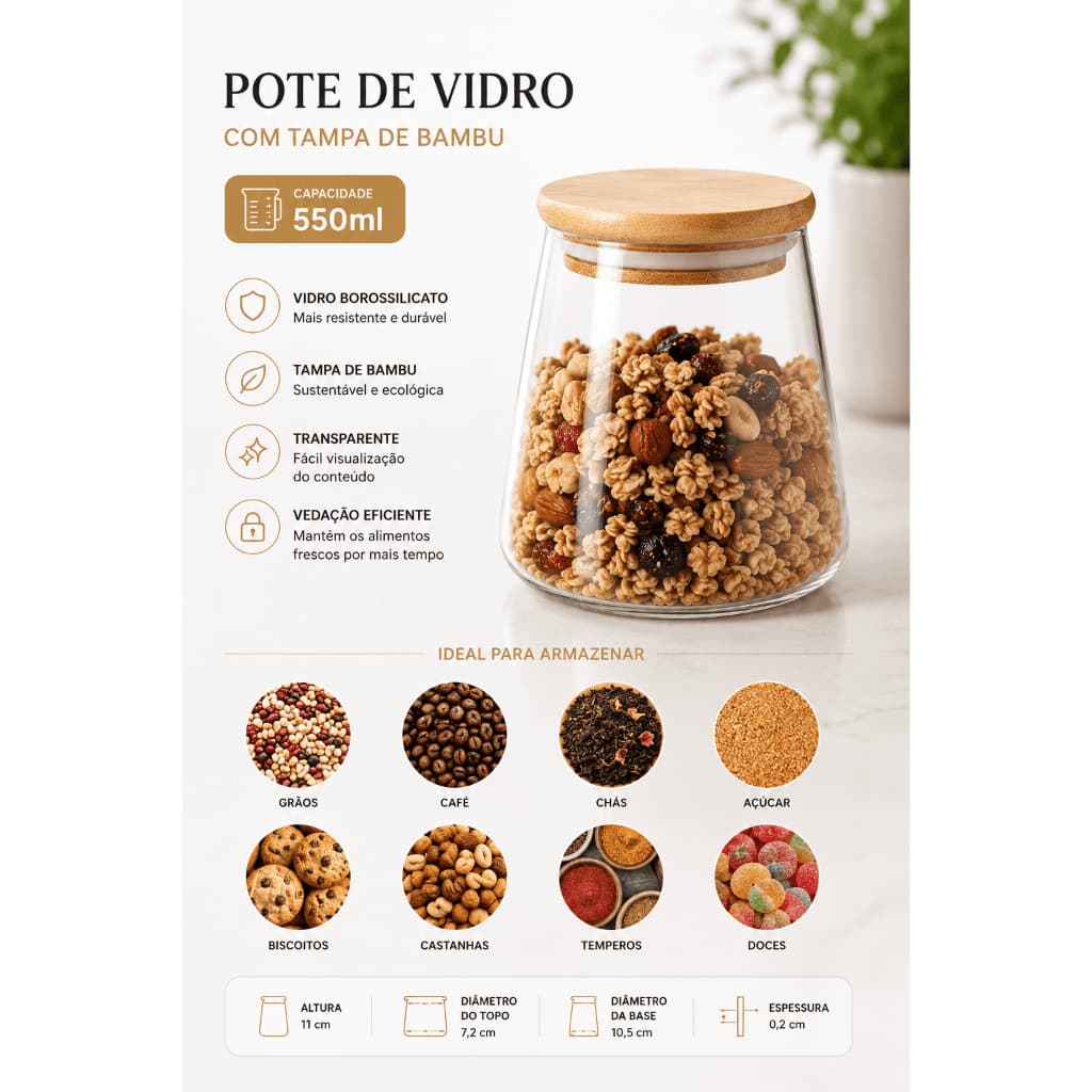 Pote Vidro Hermético Alimento Mantimento Com Tampa De Bambu
