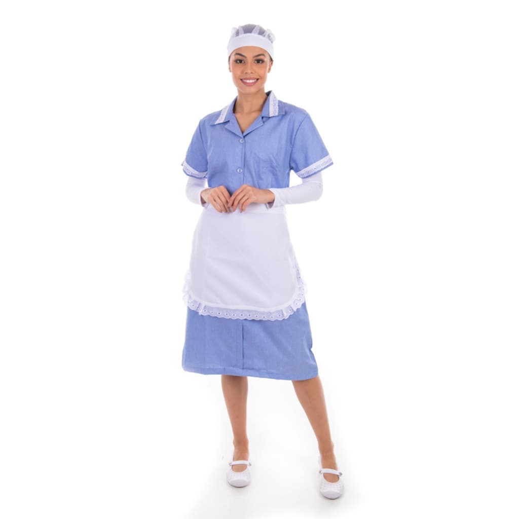 Vestido em Tecido Algodão Com Avental  para  Copeira, Arrumadeira, Doméstica