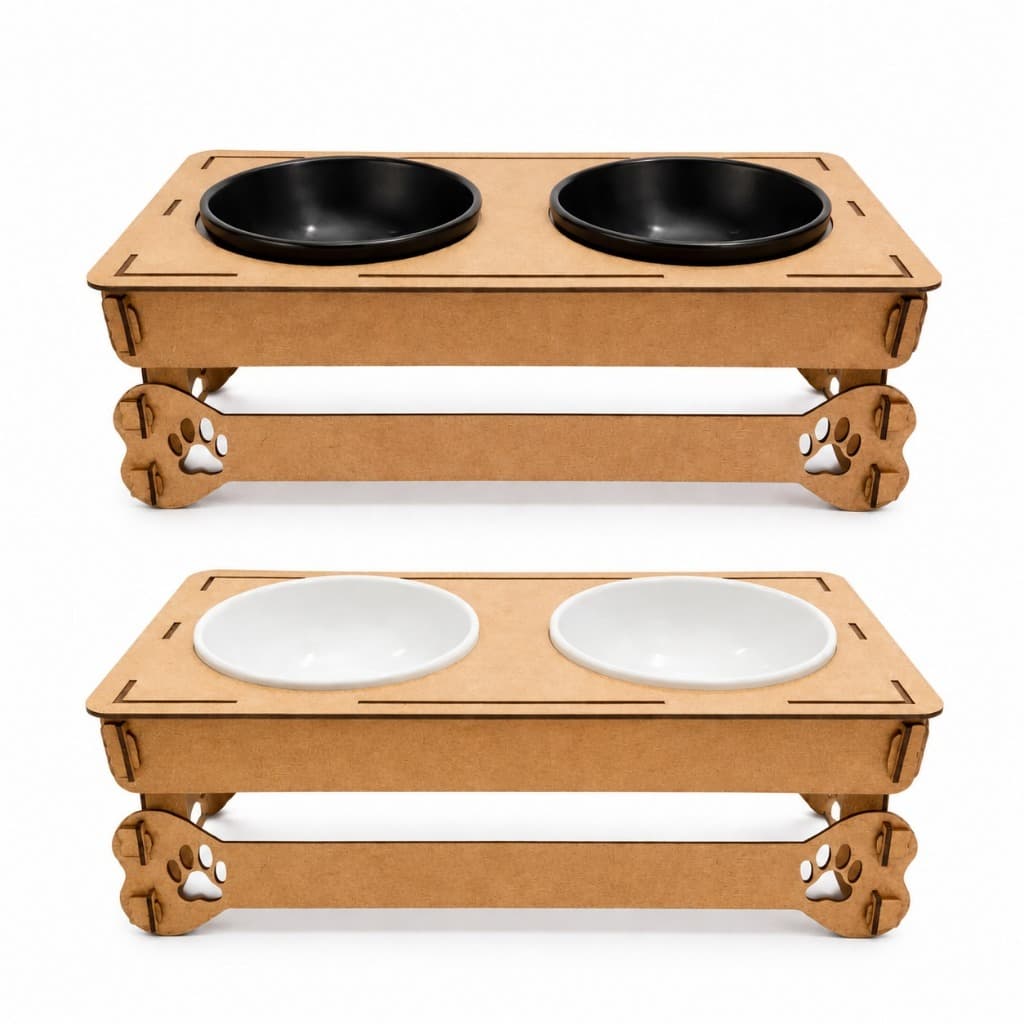 Comedouro e Bebedouro Pet Elevado Duplo MDF Para Gato e Cachorro Com 2 Tigelas Pretas Antiformiga Premium