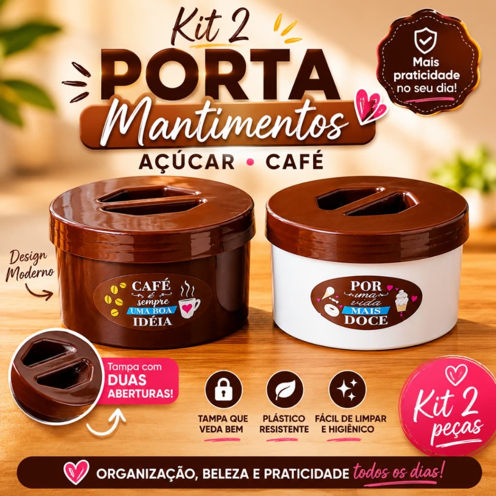 Kit 2 Porta Mantimentos Açúcar Café Plástico Decorado com Tampa
