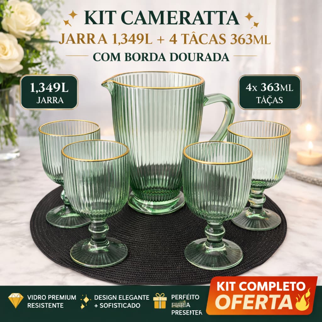 KIT Jarra Cameratta 1,349L + 4 Taças 363ml com Borda Dourada – Vidro Premium Elegante