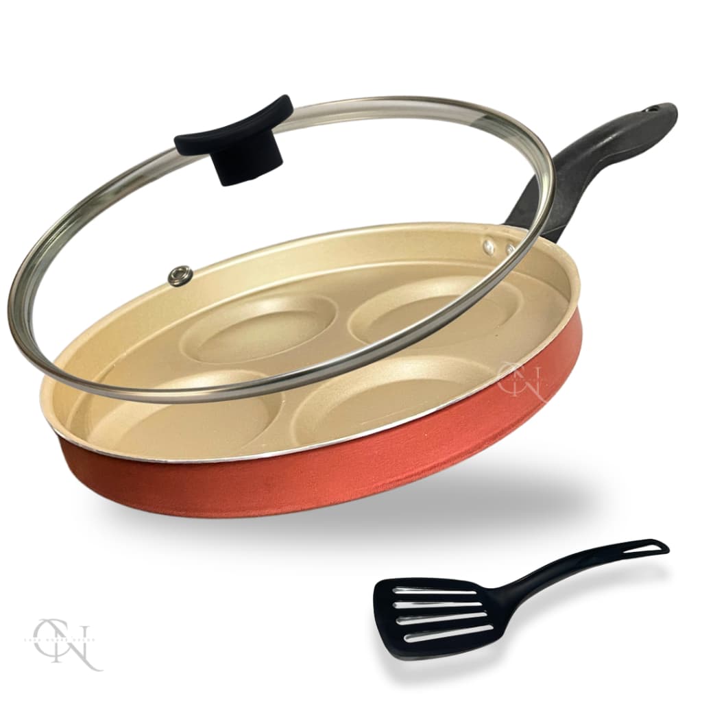 Frigideira 26 cm Divisória 4 Ovos Hambúrguer Tampa de Vidro e Espátula Antiaderente Cor Cereja Gold