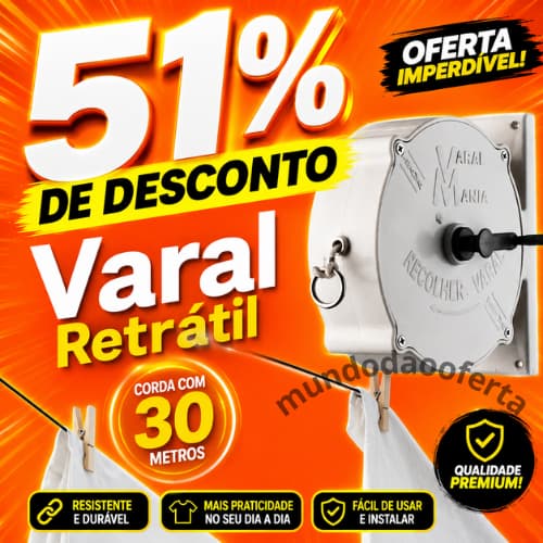 Varal Retratil Parede Recolhível Retrátil Roupa 30mt + Ganchos