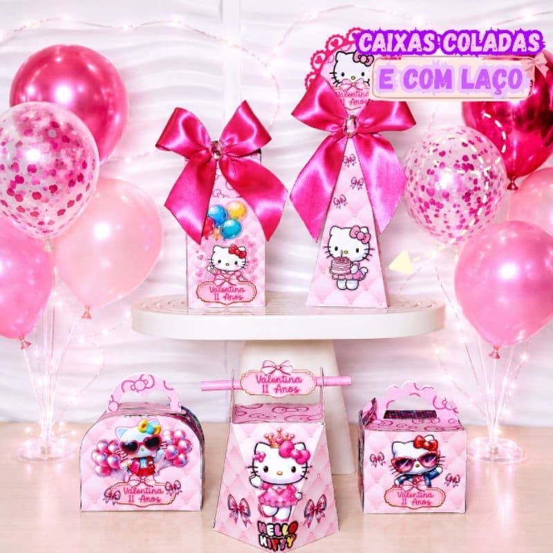 Kit Festa Hello Kitty Luxo Personalizado | Caixa Milk Pirâmide Maletinha | Festa Infantil Menina