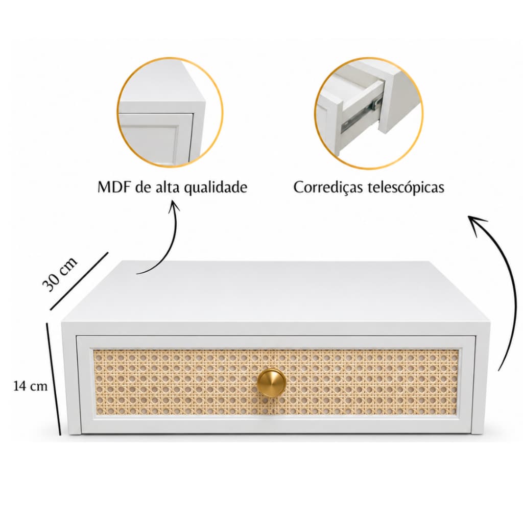 Penteadeira Suspensa MDF 50,60,70,80,90,100cm Branco Texturizado com Gaveta e Palha Indiana