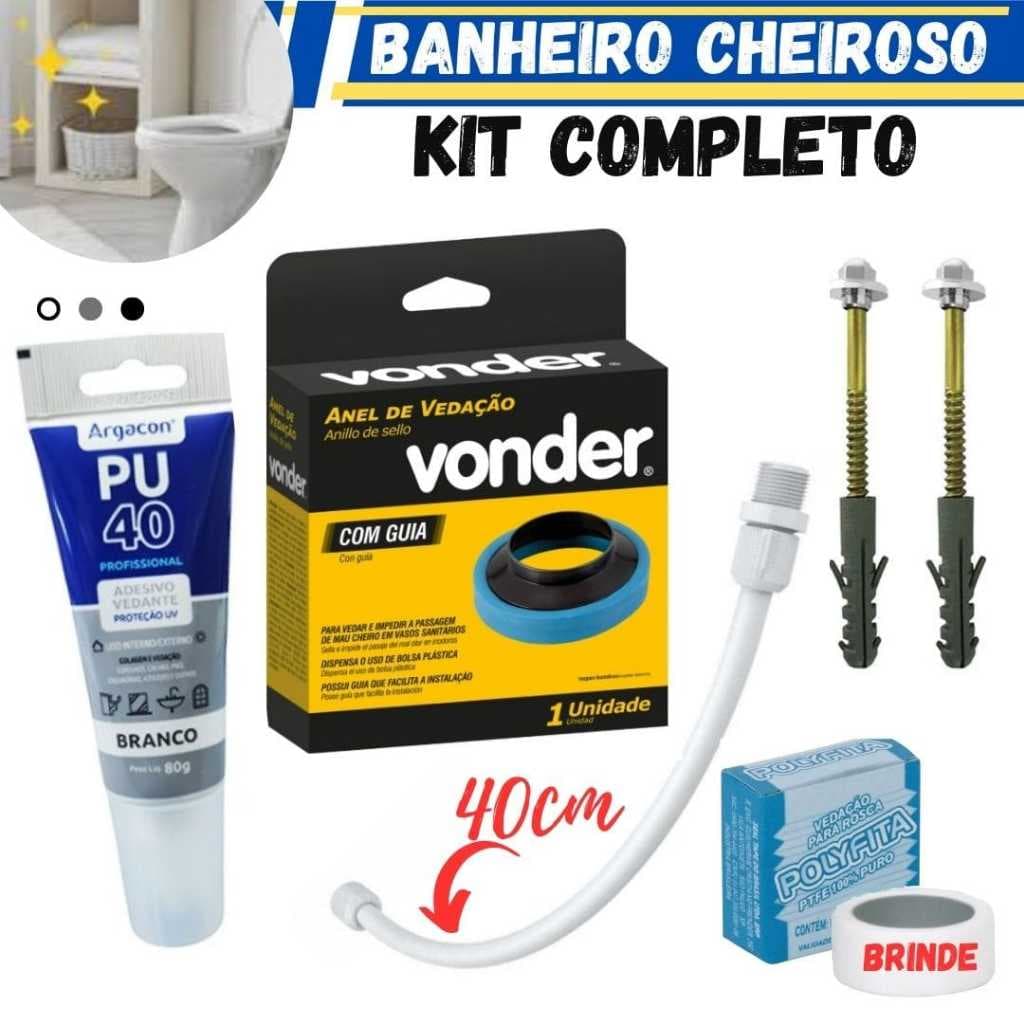 Kit Anel de Vedação para vaso sanitário com Guia + Parafusos 10mm + PU40 + Engate 40cm