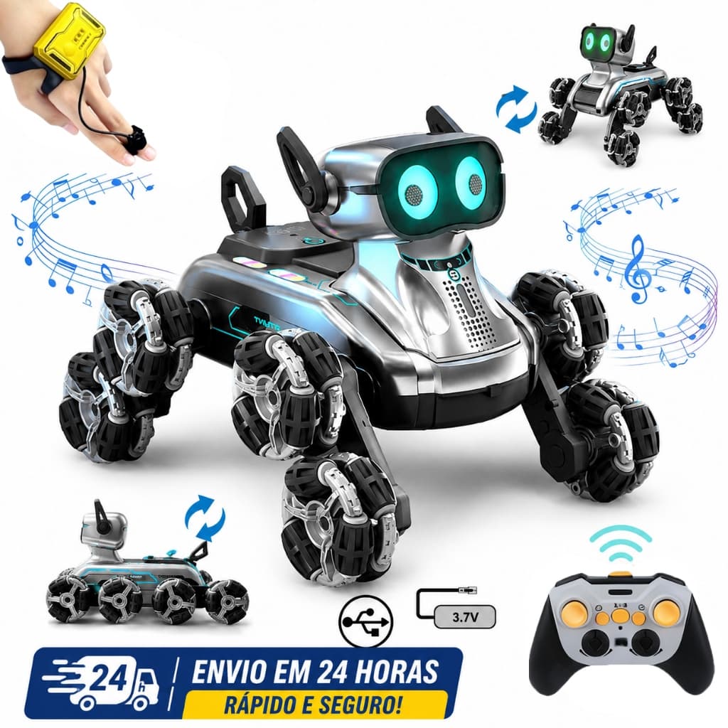 Cachorro Robô Inteligente Infantil com Controle Remoto e Sensor de Gestos 8 Rodas