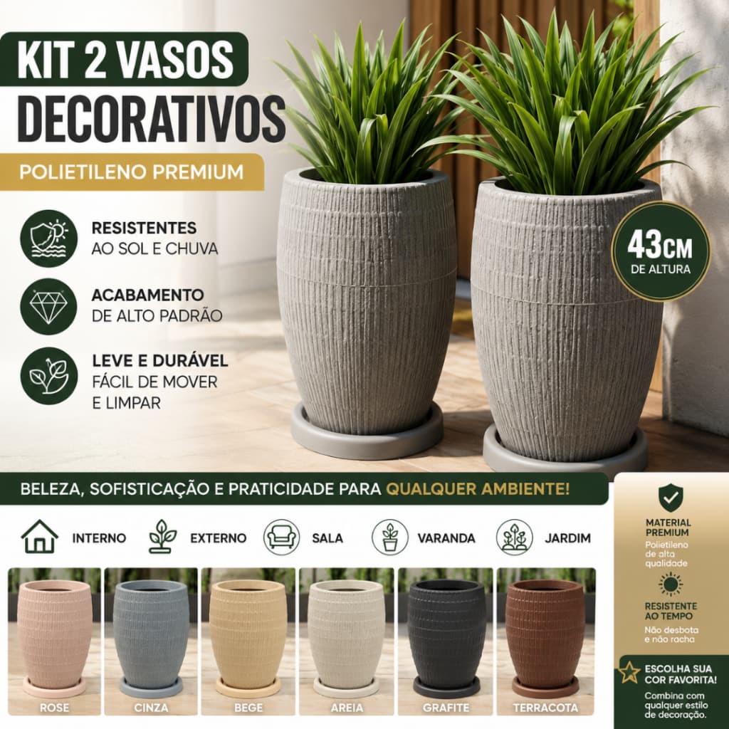 Kit 2 Vasos Decorativos Polietileno 43cm Luxo Moderno Grande Jardim Sala Varanda Área Gourmet