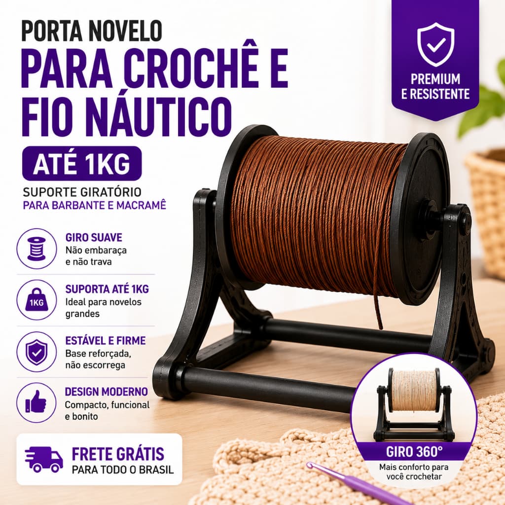 Porta Novelo para Crochê e Fio Náutico Premium até 1kg | Suporte para Barbante e Macramê