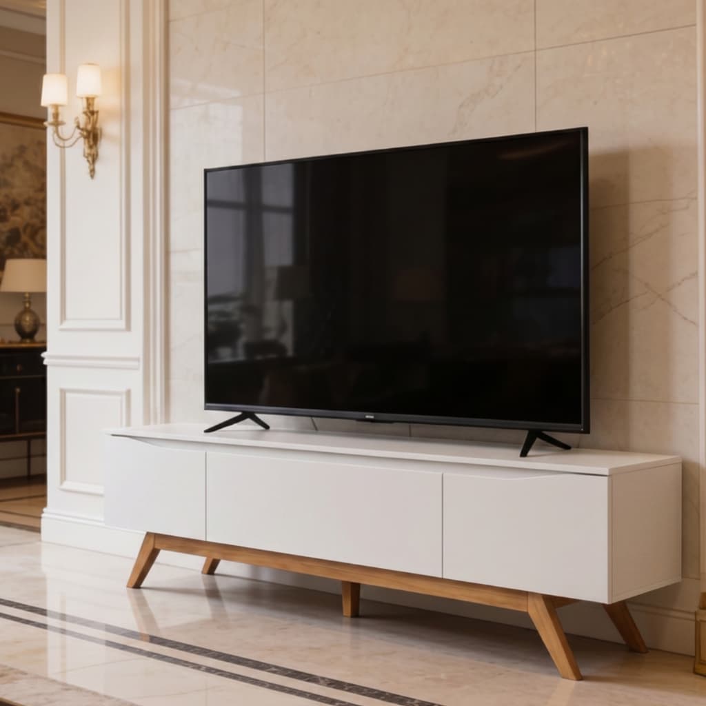 Rack Monaco TVs até 75Pol 3 portas 180cm Pés De Madeira Estilo Retro Sala De Estar Quarto Alto Padrão