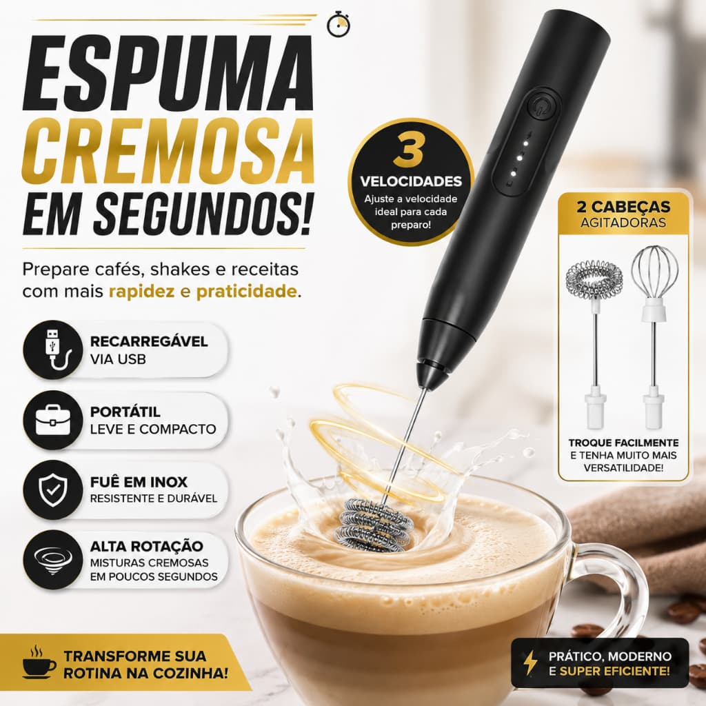 Mini Mixer Elétrico Portátil USB Batedor Café Cappuccino Shakes Ovos Fuê Inox Bivolt Premium
