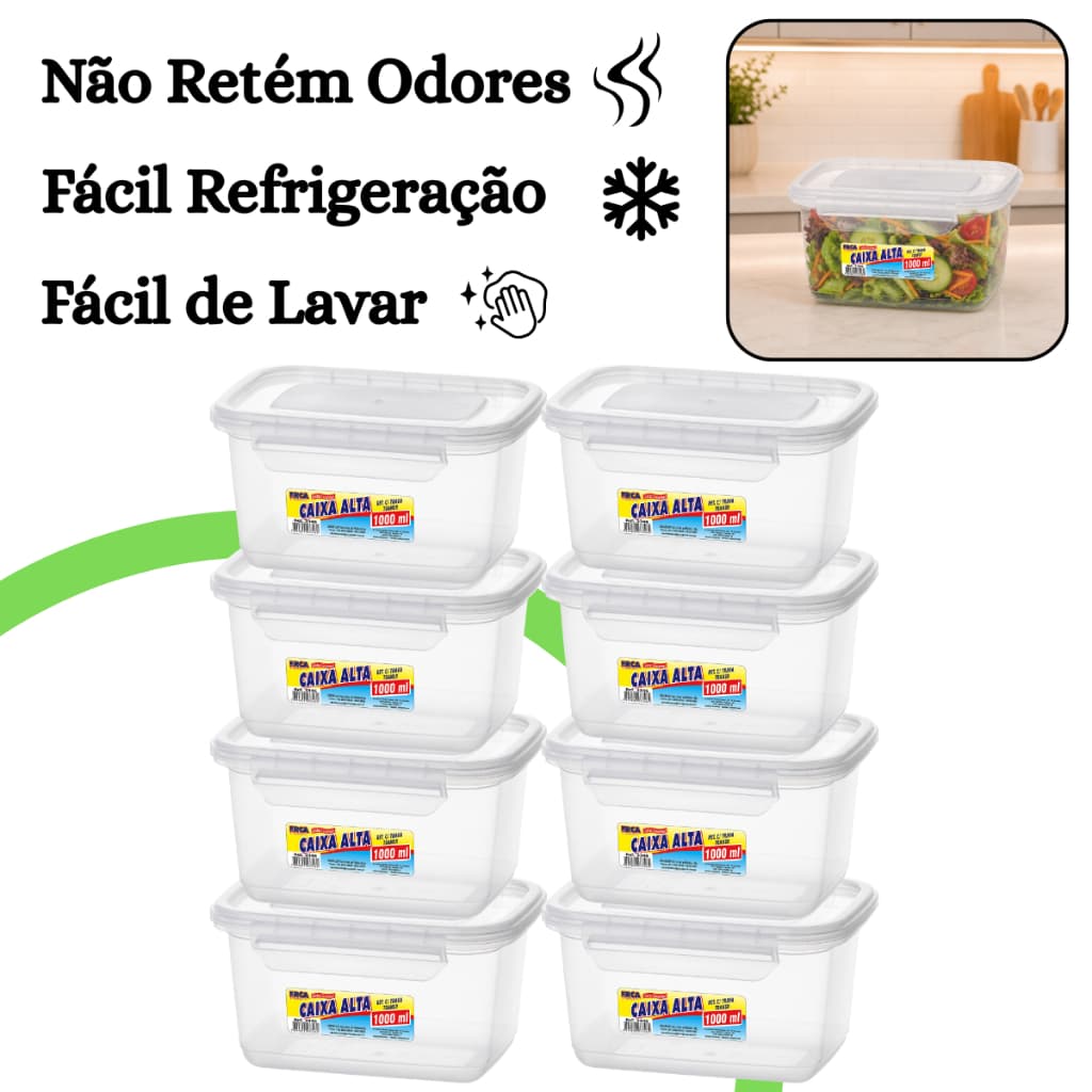 Kit 8 Pote Marmita Hermético 1L Retangular Tampa com Trava Livre de BPA