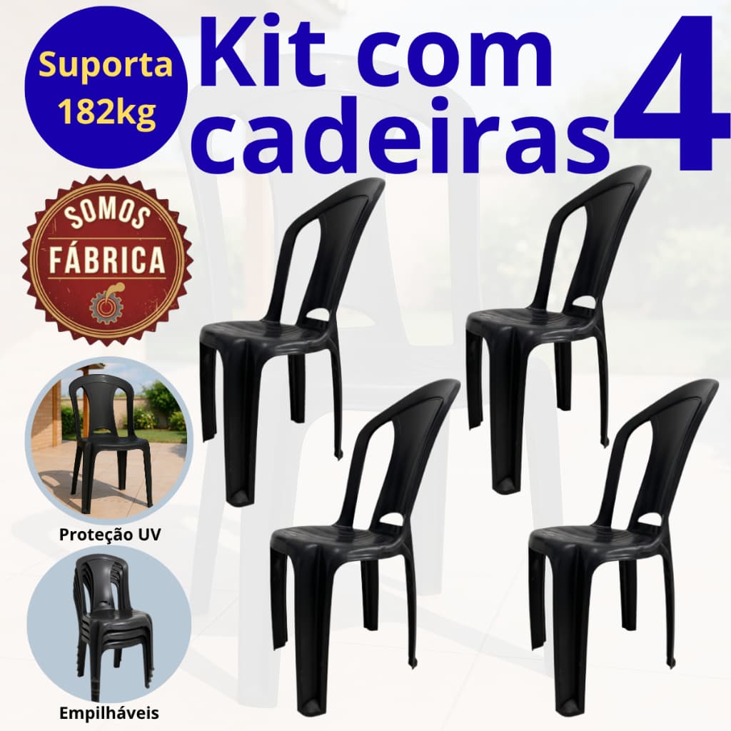 Kit 4 Cadeiras Resistente Até 182kg Preta de Plástico Jogo Bistrô Reforçada