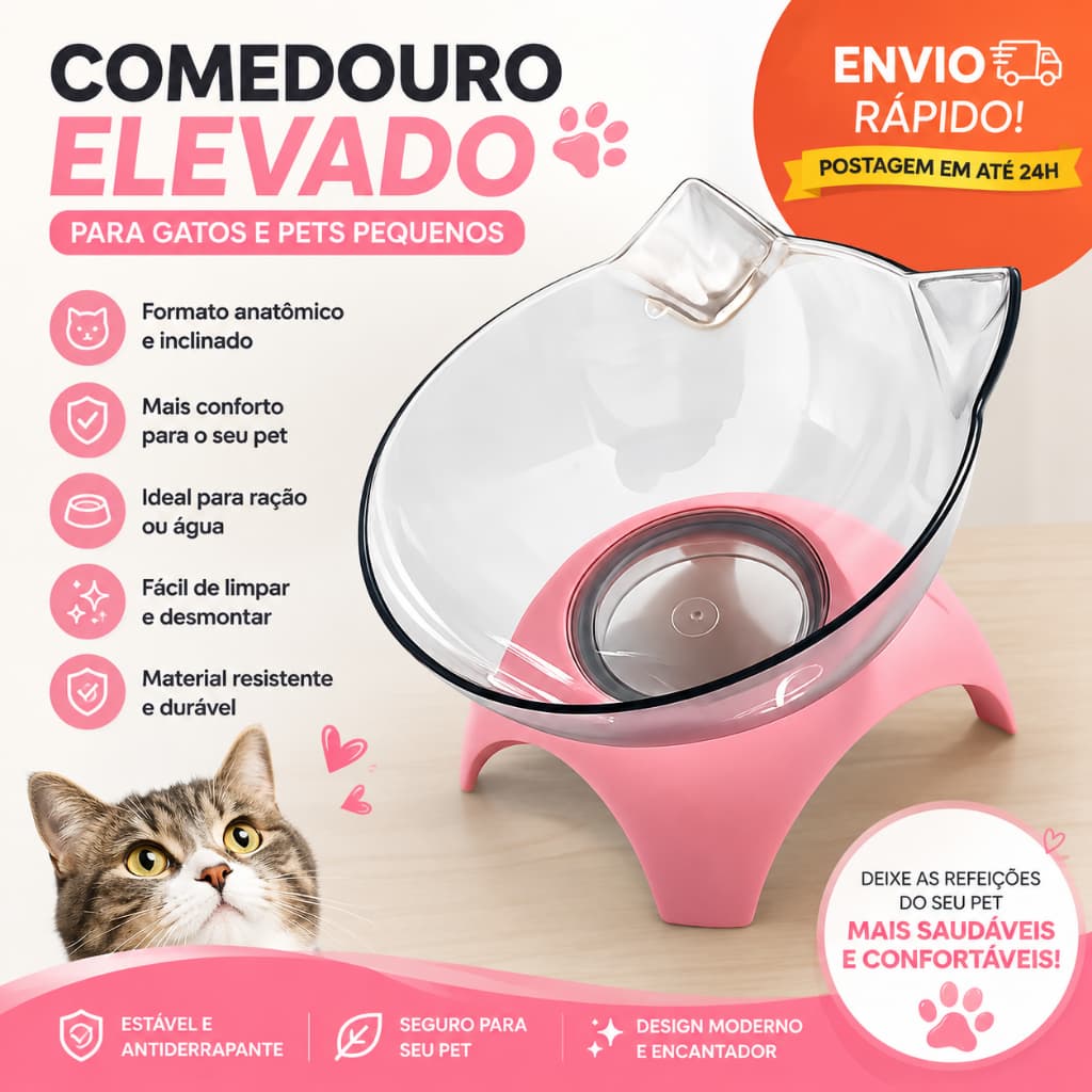 Comedouro De Gato Confortável e Ergonômico Comedouro Evita Engasgo Para Gatos - ENVIO RÁPIDO