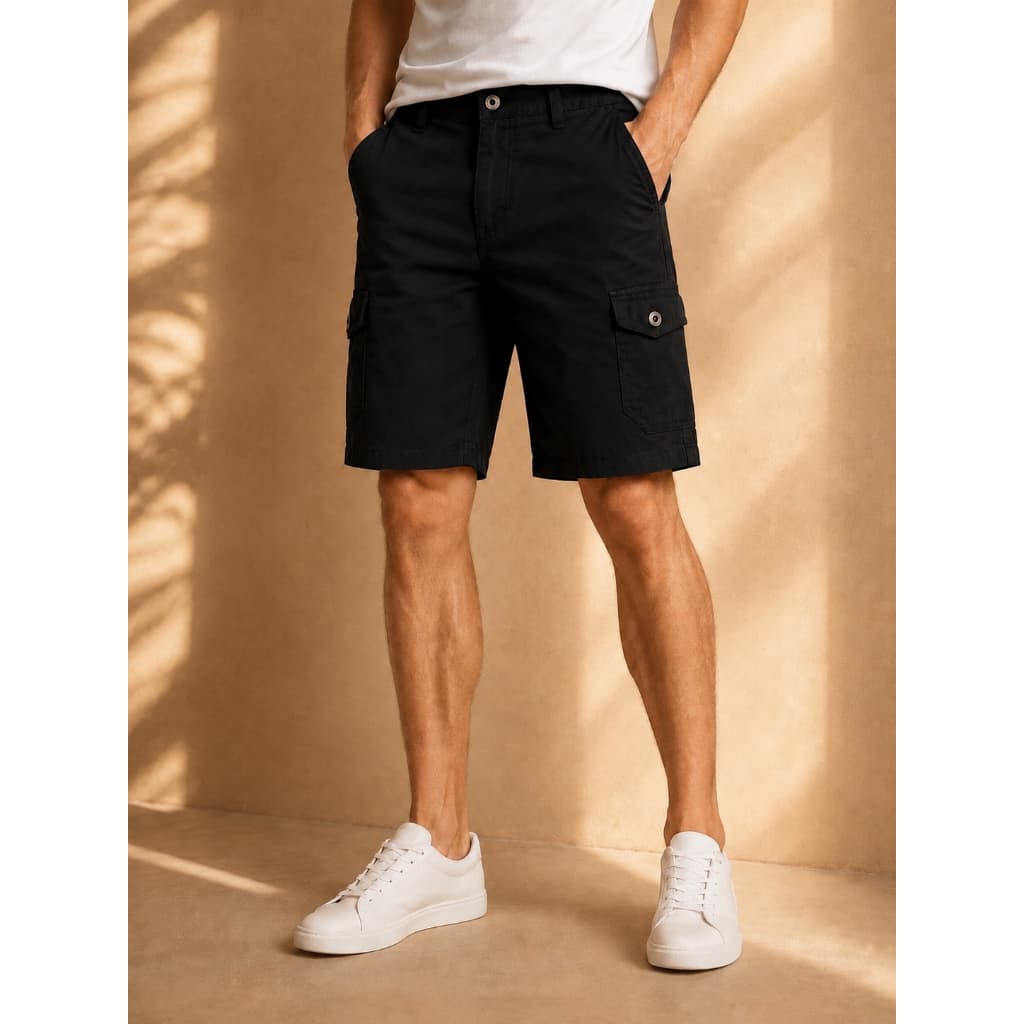 Bermuda cargo masculina, calça 5/4 com vários bolsos, cor sólida, modelagem solta, perna reta, calça versátil