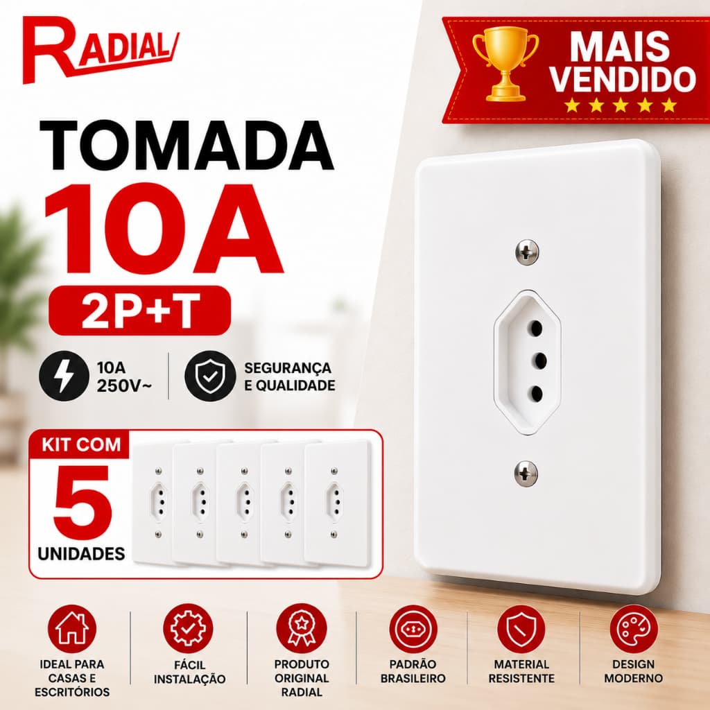 Tomada de Parede Radial 10A Branco 2 Pinos + Terra Padrão Brasileiro Tomada Simples