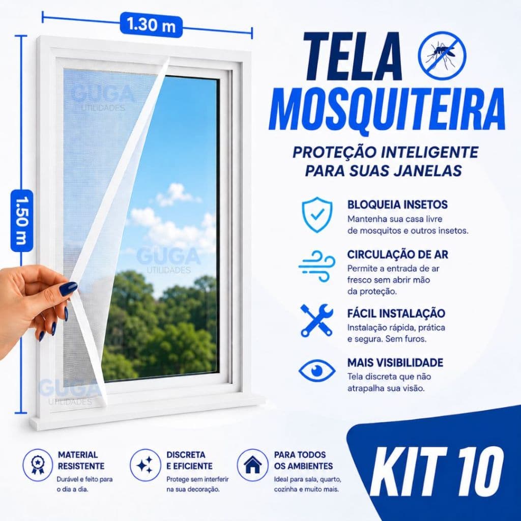 Kit 10 Tela Mosquiteiro Para Janela 1,3x1,5m Com Velcro Autocolante Mosquito Pernilongo