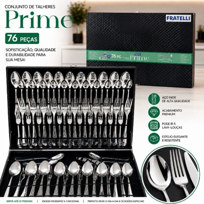 Conjunto 76 Talheres Prime Inox Fratelli Faqueiro Completo