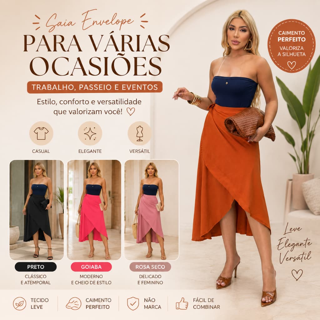 Saia Envelope Midi Feminina Cintura Alta Elegante Casual Moda Blogueira