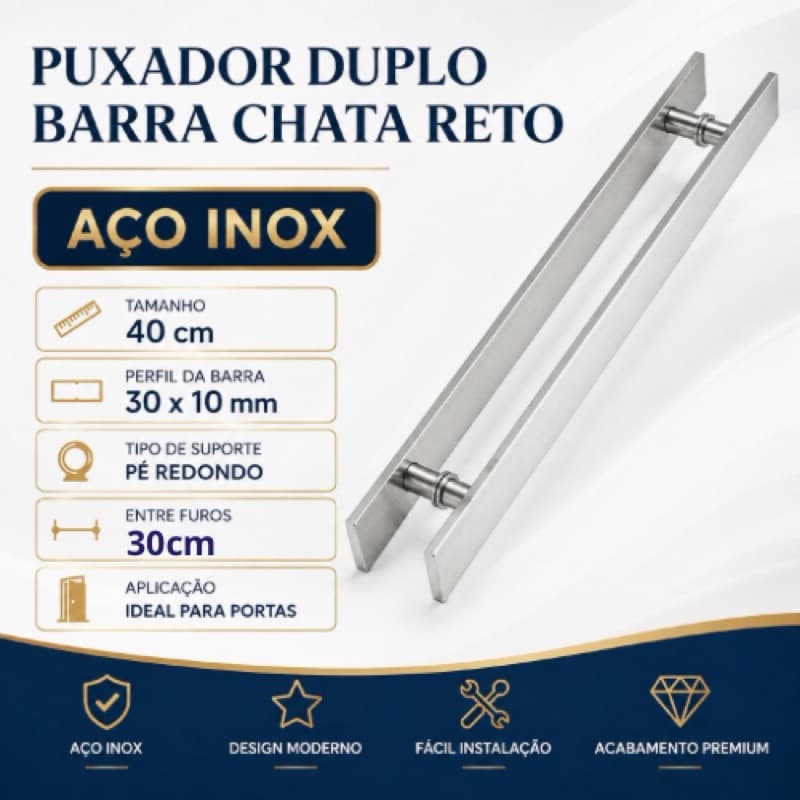 Puxador Duplo Barra Chata Reto 40cm Aço Inox 40x10mm