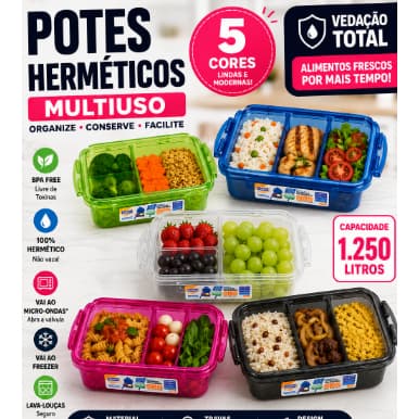Marmita Com Divisória Interna 1250ml Hermética Bpa Free Plastico Pote