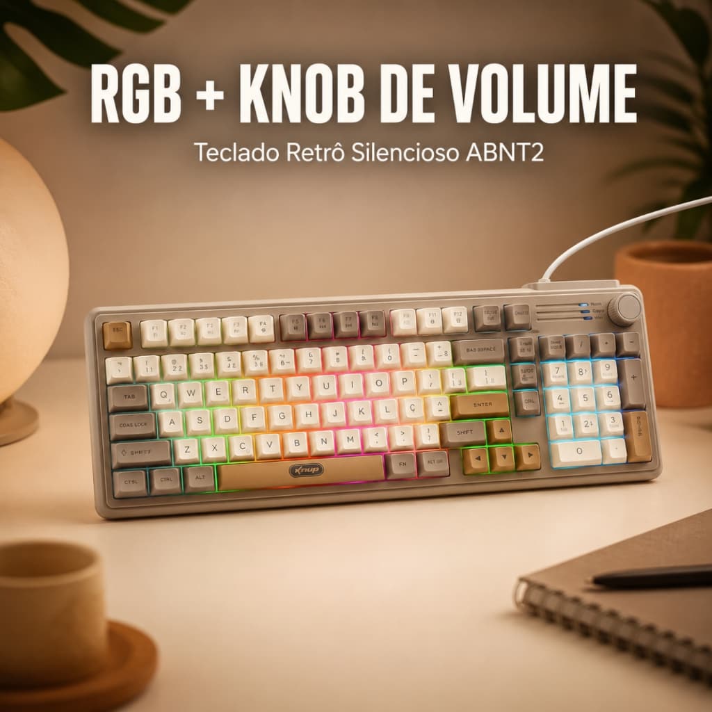 Teclado Multimídia Retrô RGB Silencioso Knob Volume ABNT2