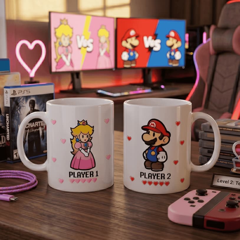 Kit 2 Canecas Personalizadas Mario e Princesa Peach 325ml - Presente Criativo Dia dos Namorados