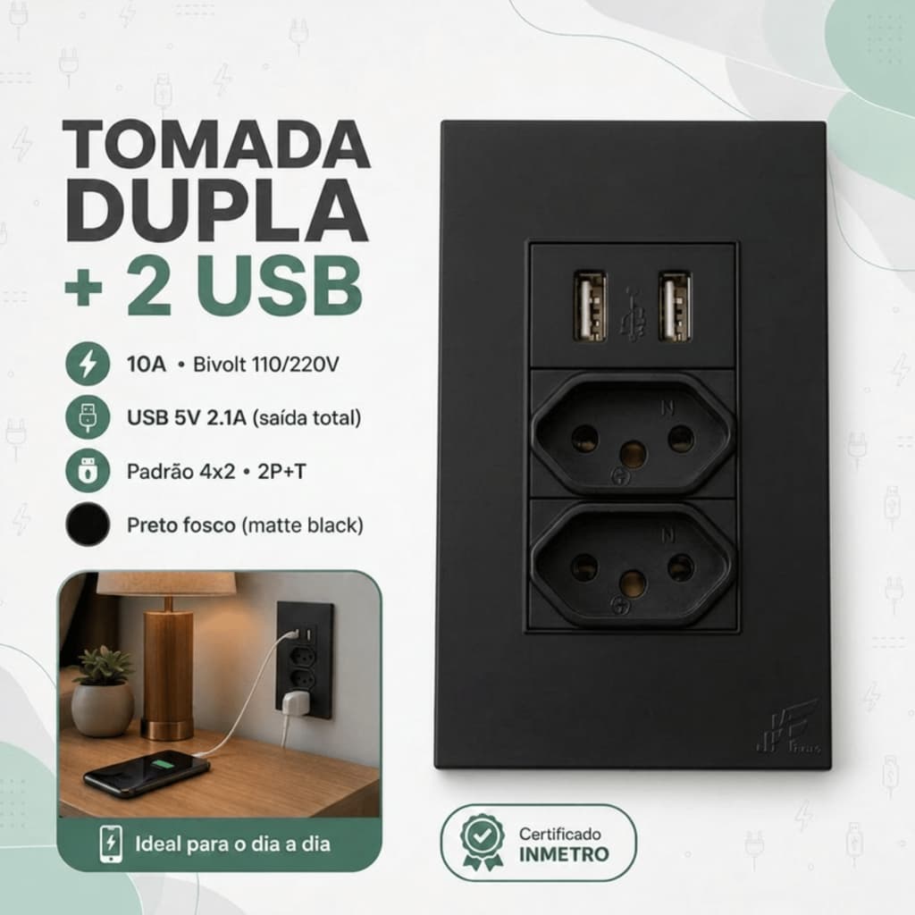 Tomada Preta Dupla 2 Tomadas 10A + 2 Portas USB Tipo A Bivolt NBR 14136 Padrão Brasileiro Parede