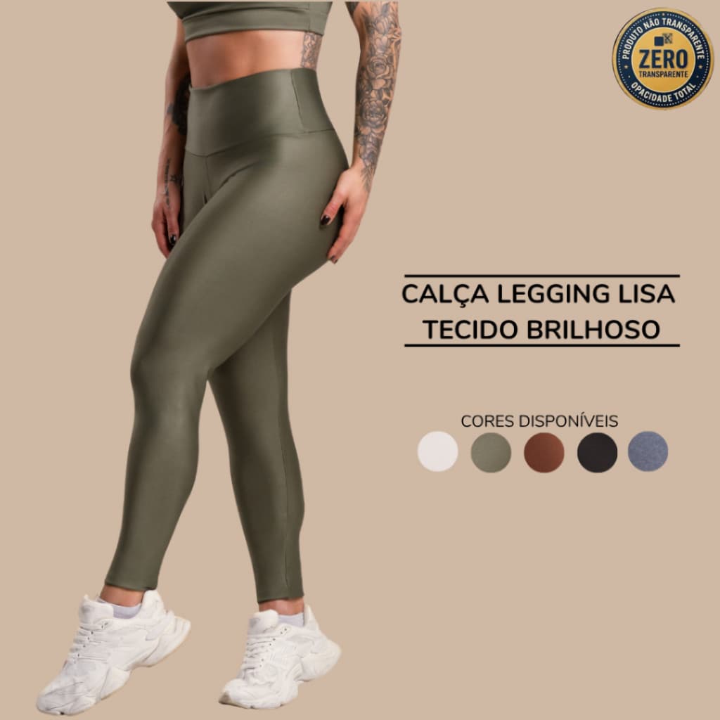 Calça Legging Lisa Cintura Alta Feminina Tecido Brilhoso Academia Fitness Treino ZERO TRANSPARÊNCIA