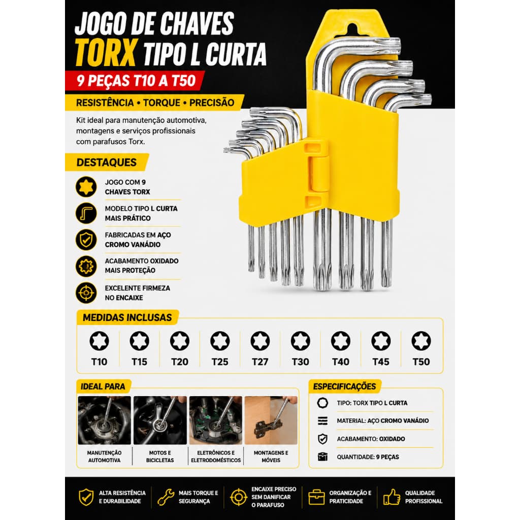 Jogo de Chave Torx Torque Curta 9 Peças Chave L com Furo Guia T10 - T50