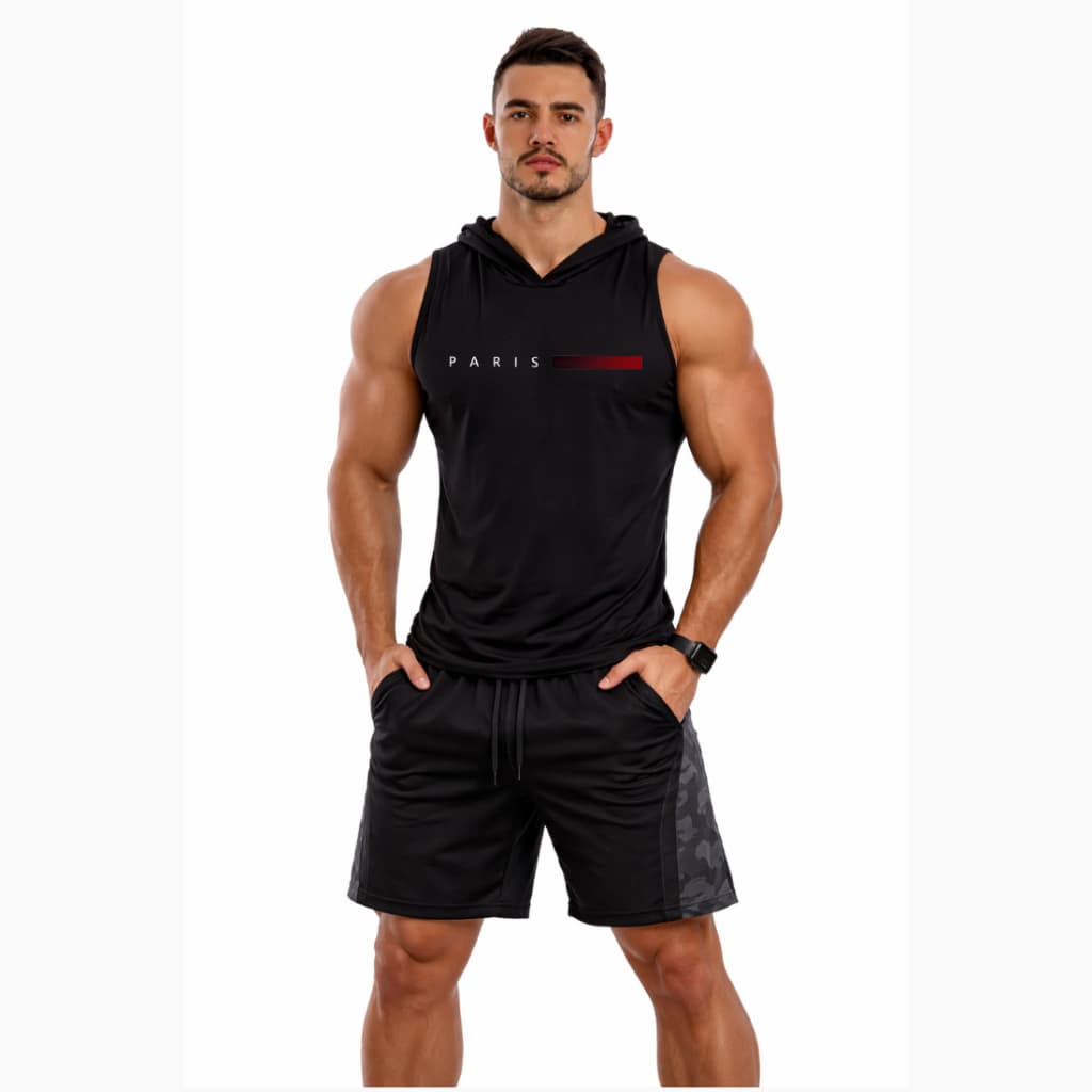 Regata Masculina Com Capuz Para Academia Treino Estampa Minimalista Paris