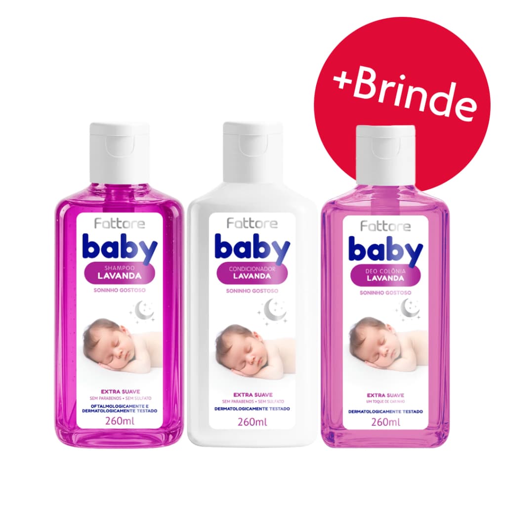 Kit Shampoo, Condicionador e Colônia 260ml Lavanda Baby Infantil Cuidado Delicado Extra Suave Fattore
